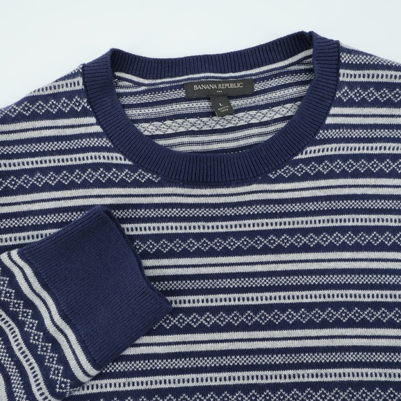 Banana Republic Men's Crew Neck Cotton Sweater Blue Grey Striped Large - Picture 1 of 6
